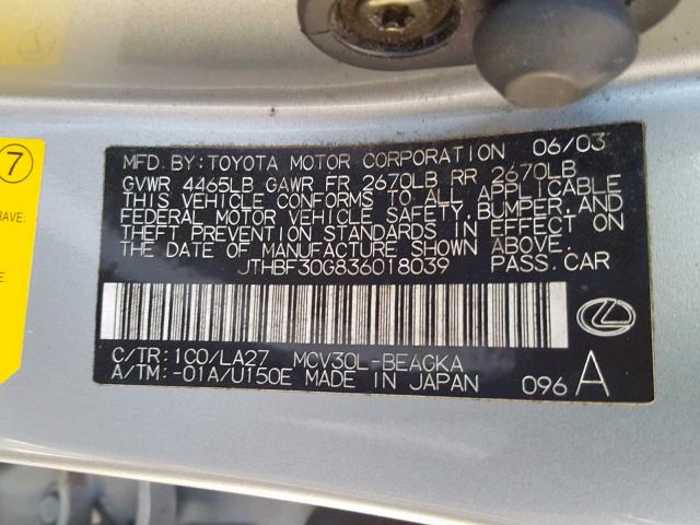 JTHBF30G836018039 - 2003 LEXUS ES 300 SILVER photo 10