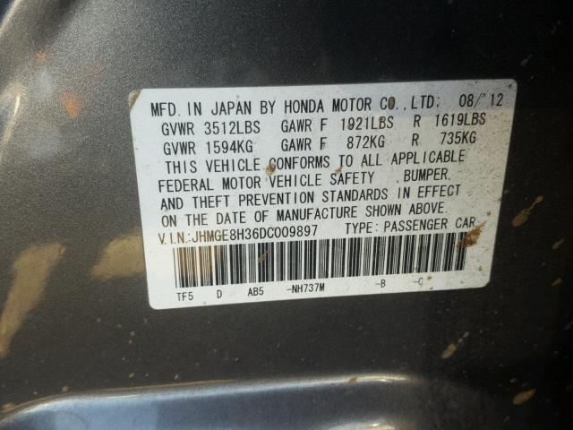 JHMGE8H36DC009897 - 2013 HONDA FIT CHARCOAL photo 10