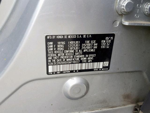 3CZRU5H5XGM748037 - 2016 HONDA HR-V EX SILVER photo 10