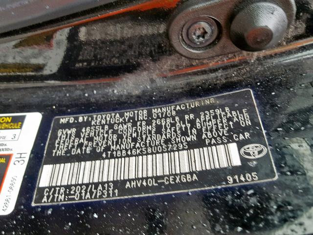 4T1BB46K58U057295 - 2008 TOYOTA CAMRY HYBR BLACK photo 10