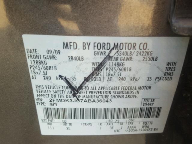 2FMDK3JC7ABA36043 - 2010 FORD EDGE SEL GRAY photo 10