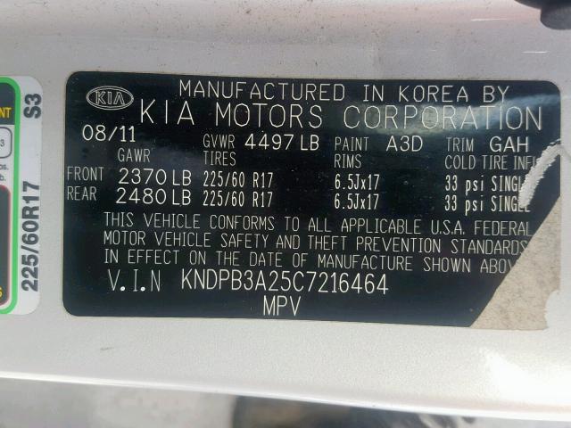 KNDPB3A25C7216464 - 2012 KIA SPORTAGE B SILVER photo 10