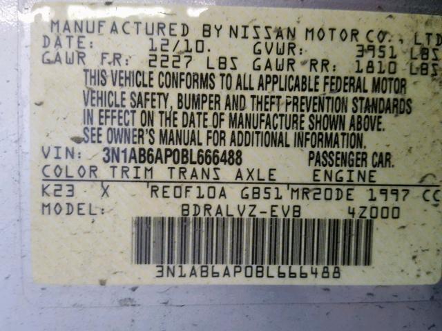 3N1AB6AP0BL666488 - 2011 NISSAN SENTRA 2.0 SILVER photo 10