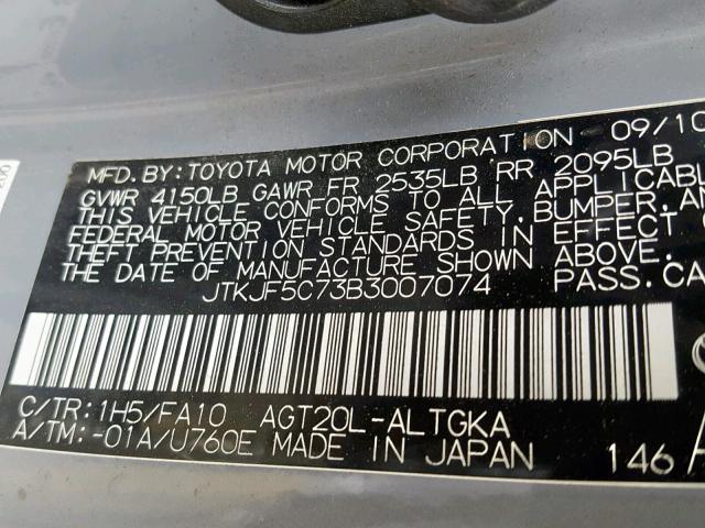 JTKJF5C73B3007074 - 2011 TOYOTA SCION TC 灰色 照片 10