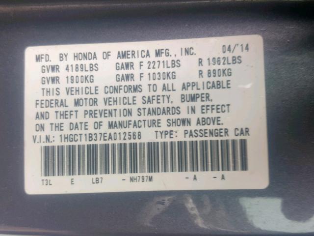 1HGCT1B37EA012568 - 2014 HONDA ACCORD LX- GRAY photo 10