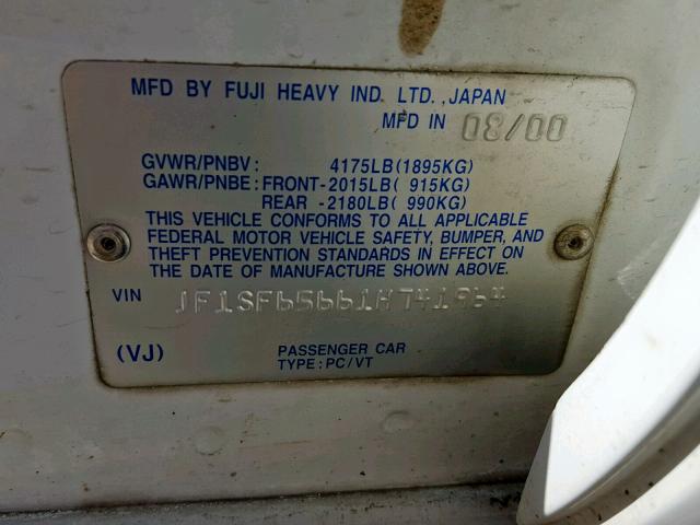 JF1SF65661H741964 - 2001 SUBARU FORESTER S Ağ foto 10