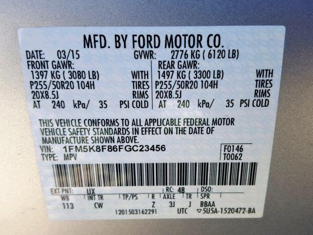 1FM5K8F86FGC23456 - 2015 FORD EXPLORER L SILVER photo 10