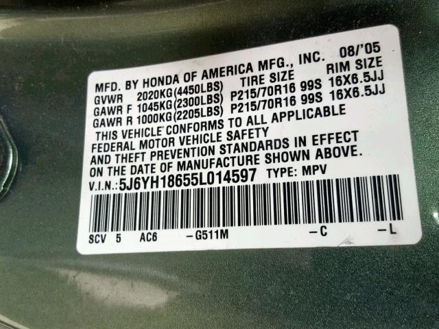 5J6YH18655L014597 - 2005 HONDA ELEMENT EX GREEN photo 10