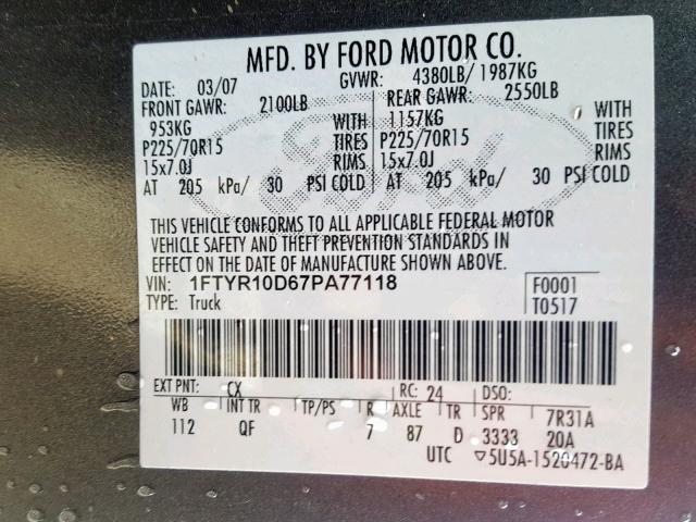 1FTYR10D67PA77118 - 2007 FORD RANGER GRAY photo 10