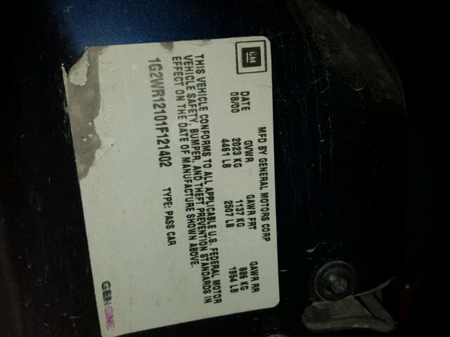 1G2WR12101F121402 - 2001 PONTIAC GRAND PRIX BLUE photo 10