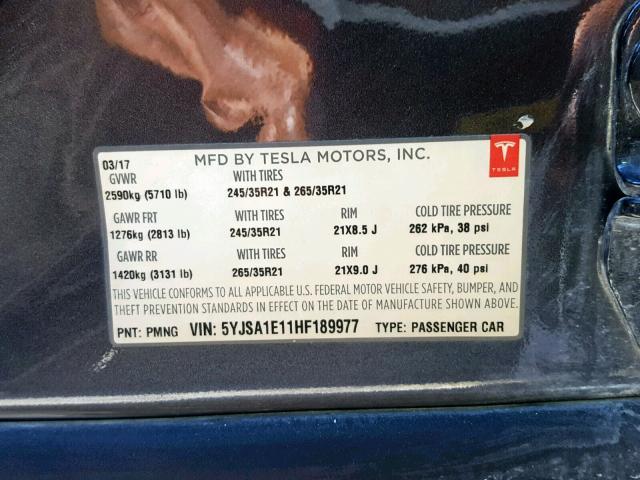 5YJSA1E11HF189977 - 2017 TESLA MODEL S GRAY photo 10