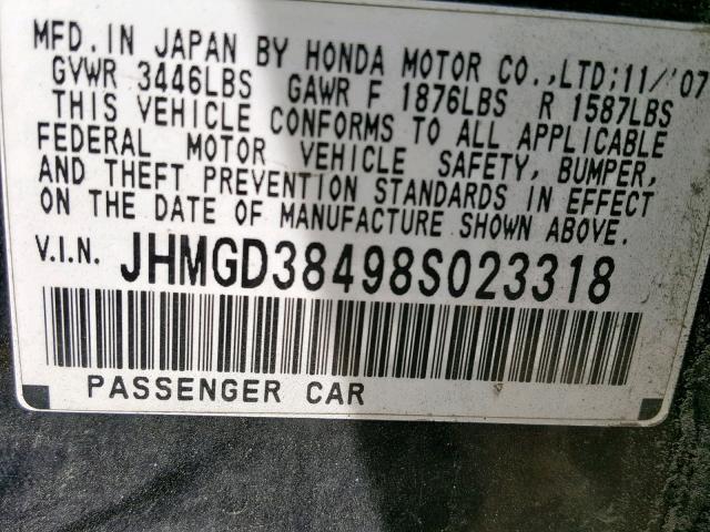 JHMGD38498S023318 - 2008 HONDA FIT BLACK photo 10