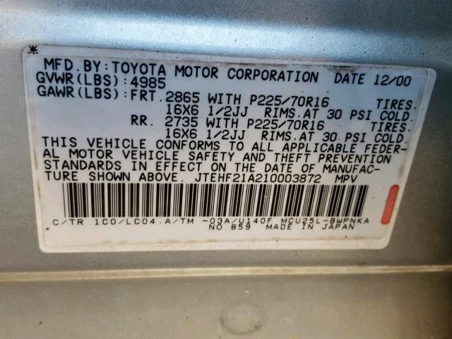 JTEHF21A210003872 - 2001 TOYOTA HIGHLANDER SILVER photo 10