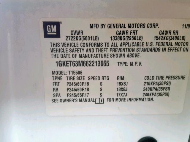 1GKET63M662213065 - 2006 GMC ENVOY DENA WHITE photo 10