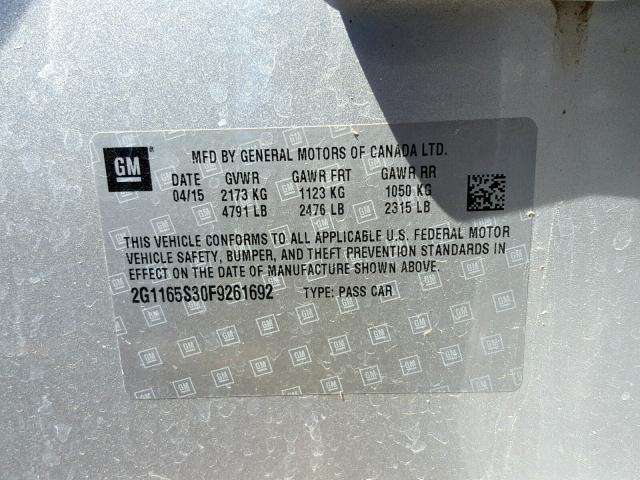 2G1165S30F9261692 - 2015 CHEVROLET IMPALA LTZ SILVER photo 10