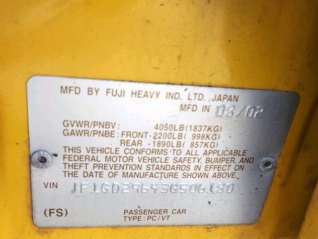 JF1GD29643G506180 - 2003 SUBARU IMPREZA WR YELLOW photo 10