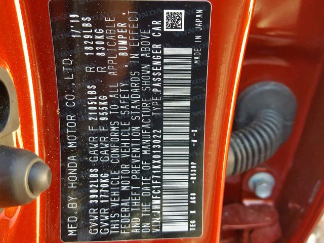 JHMFC1F71KX013022 - 2019 HONDA CIVIC EXL ORANGE photo 10