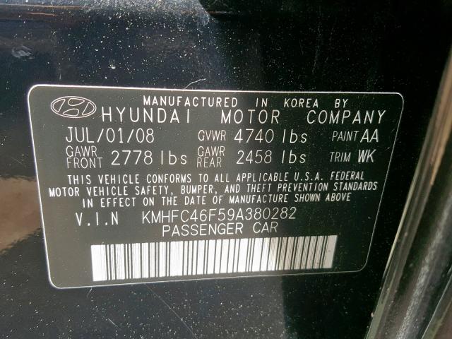 KMHFC46F59A380282 - 2009 HYUNDAI AZERA SE BLACK photo 10