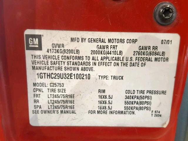 1GTHC29U32E100210 - 2002 GMC SIERRA C25 RED photo 10