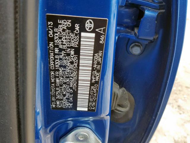 JTDKDTB39D1540291 - 2013 TOYOTA PRIUS C BLUE photo 10