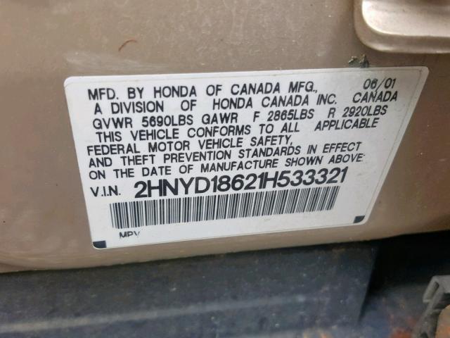 2HNYD18621H533321 - 2001 ACURA MDX TOURIN GOLD photo 10