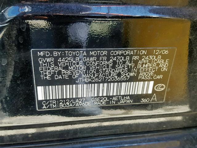 JTHBK262172036557 - 2007 LEXUS IS 250 BLACK photo 10