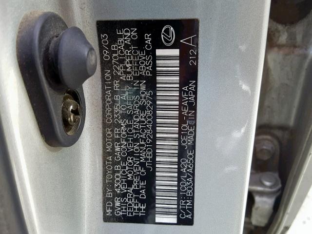 JTHBD192840082975 - 2004 LEXUS IS 300 SILVER photo 10