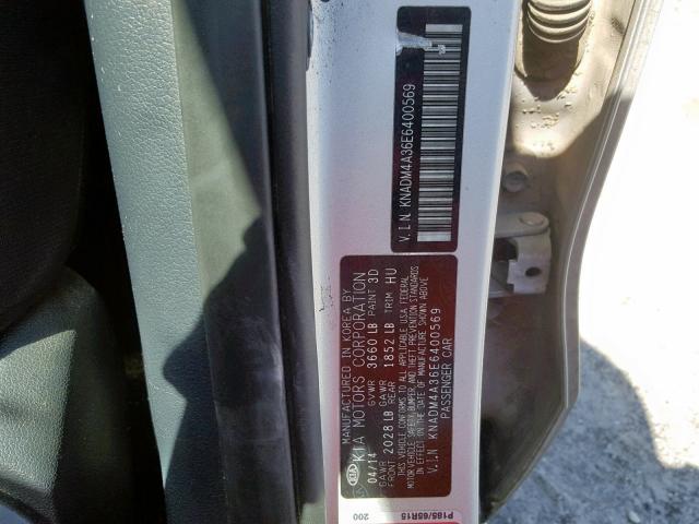 KNADM4A36E6400569 - 2014 KIA RIO LX SILVER photo 10