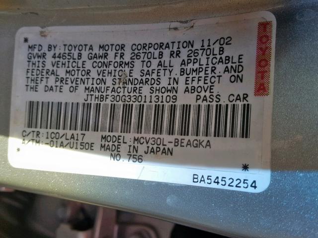 JTHBF30G330113109 - 2003 LEXUS ES 300 SILVER photo 10