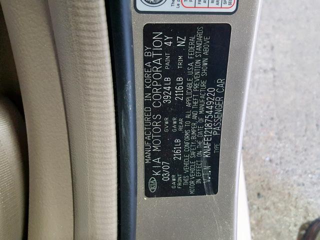 KNAFE121875449220 - 2007 KIA SPECTRA EX TAN photo 10