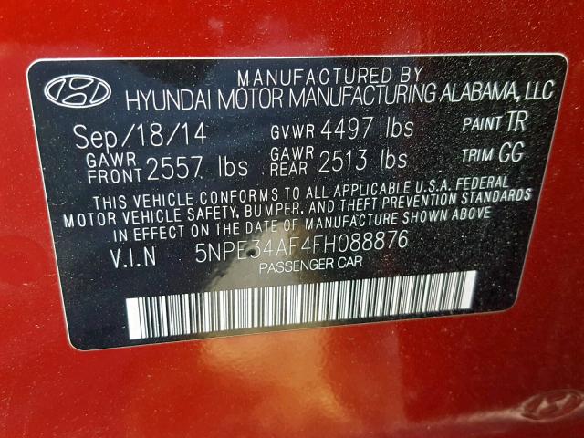 5NPE34AF4FH088876 - 2015 HYUNDAI SONATA SPO RED photo 10