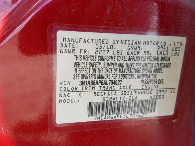 3N1AB6AP6AL704627 - 2010 NISSAN SENTRA 2.0 RED photo 10