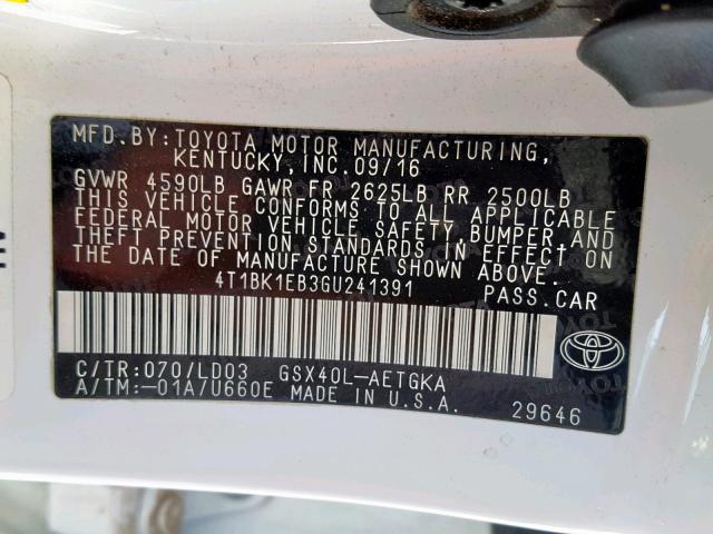 4T1BK1EB3GU241391 - 2016 TOYOTA AVALON XLE WHITE photo 10