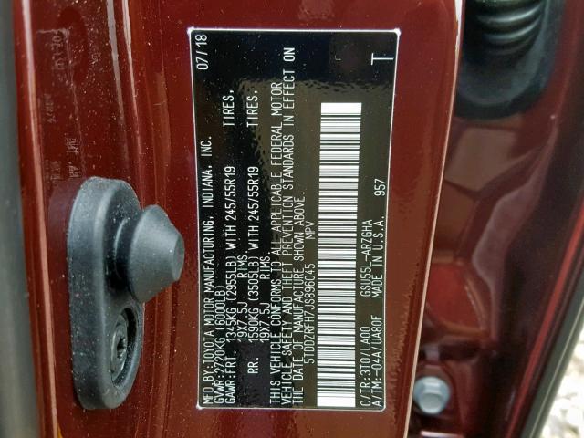 5TDDZRFH7JS896045 - 2018 TOYOTA HIGHLANDER BURGUNDY photo 10