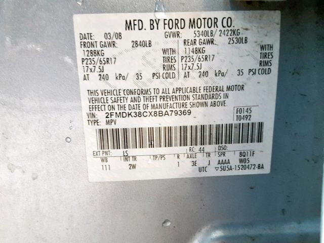 2FMDK38CX8BA79369 - 2008 FORD EDGE SEL BLUE photo 10