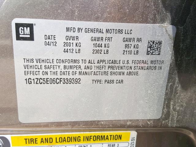 1G1ZC5E06CF339392 - 2012 CHEVROLET MALIBU 1LT 棕色 照片 10