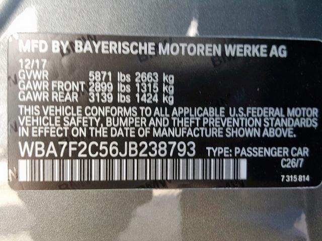 WBA7F2C56JB238793 - 2018 BMW 750 XI GRAY photo 10