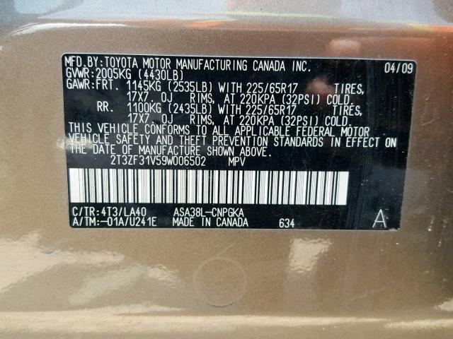 2T3ZF31V59W006502 - 2009 TOYOTA RAV4 LIMIT BROWN photo 10