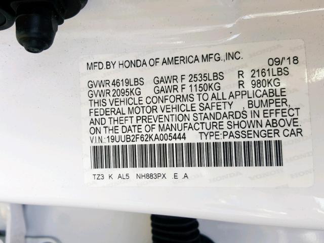 19UUB2F62KA005444 - 2019 ACURA TLX WHITE photo 10