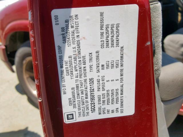 1GCCS1958Y8211326 - 2000 CHEVROLET S TRUCK S1 RED photo 10