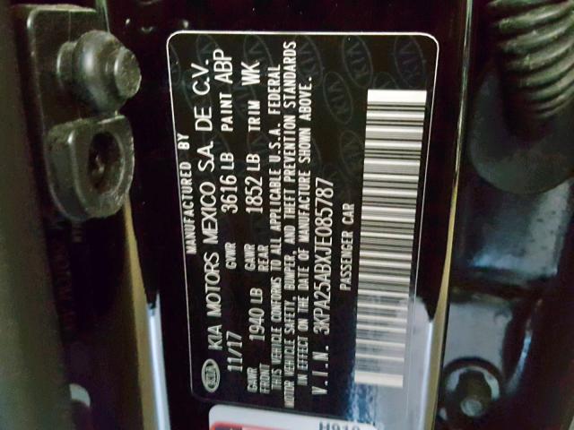 3KPA25ABXJE085787 - 2018 KIA RIO LX BLACK photo 10