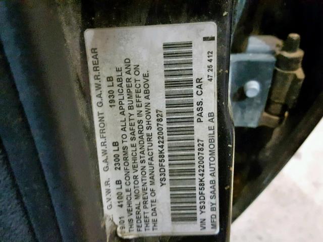 YS3DF58K422007827 - 2002 SAAB 9-3 SE BLACK photo 10