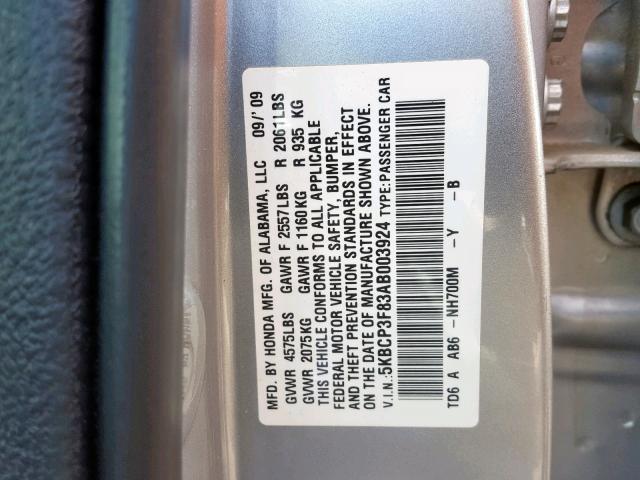 5KBCP3F83AB003924 - 2010 HONDA ACCORD EXL SILVER photo 10