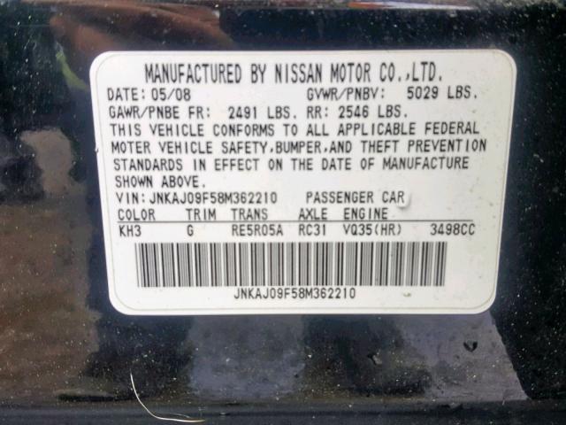 JNKAJ09F58M362210 - 2008 INFINITI EX35 BASE BLACK photo 10