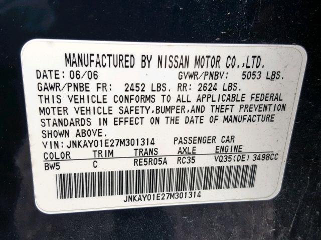 JNKAY01E27M301314 - 2007 INFINITI M35 BASE BLUE photo 10