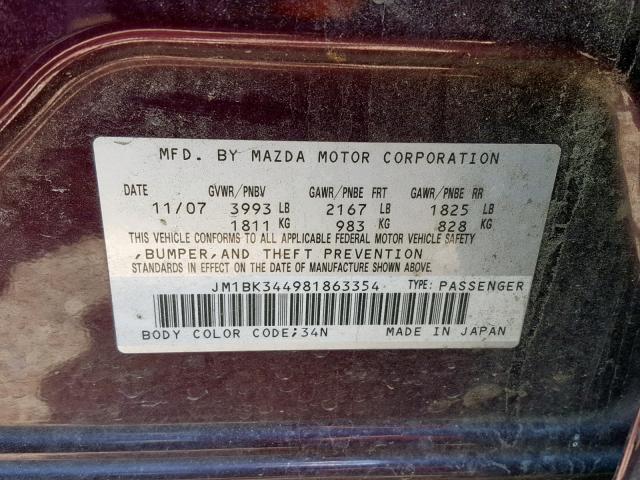 JM1BK344981863354 - 2008 MAZDA 3 HATCHBAC PURPLE photo 10