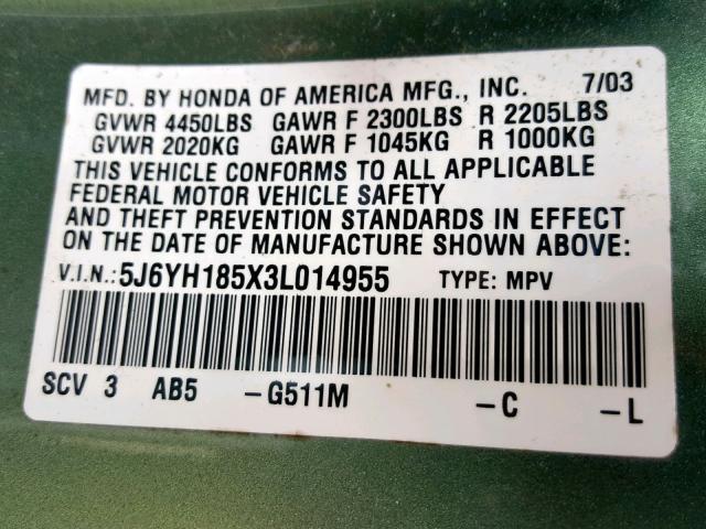 5J6YH185X3L014955 - 2003 HONDA ELEMENT EX GREEN photo 10