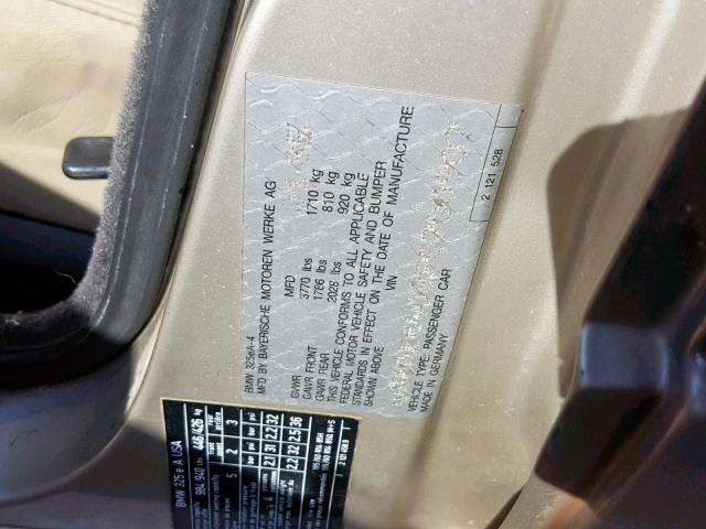 WBAAE6408F0700907 - 1985 BMW 325 E AUTO GOLD photo 10