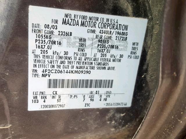 4F2CZ06144KM09390 - 2004 MAZDA TRIBUTE ES 灰色 照片 10