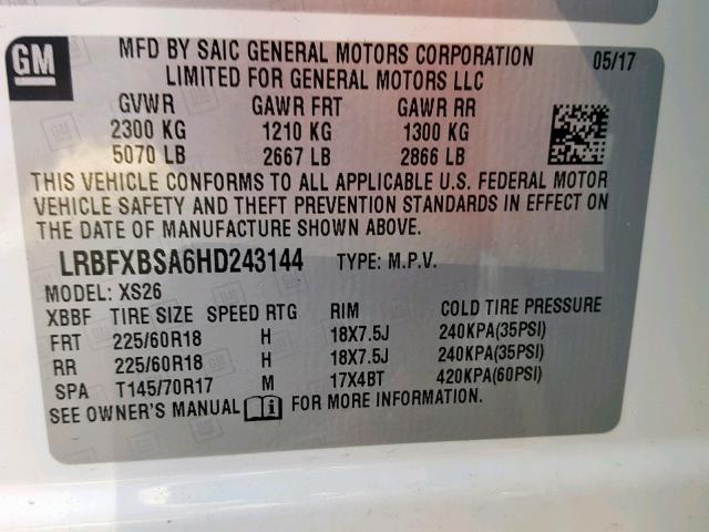 LRBFXBSA6HD243144 - 2017 BUICK ENVISION E WHITE photo 10